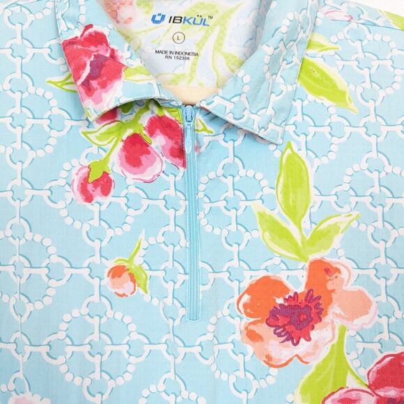 IBKÜL Aqua Blue & Pink Floral Print Quarter Zip Long Sleeve Sun Shirt - Picture 4 of 8